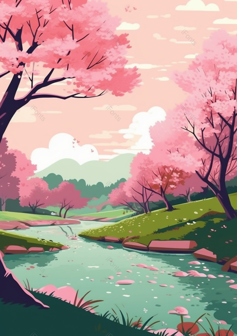 绿色的草地河流和开满粉色花朵的树木山石,插画/手绘图,插画/手绘图库,插画/手绘图下载,插画/手绘